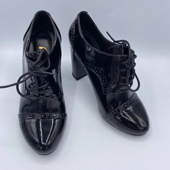 FSJ Shoes - FSJ Black Patent Leather Lace Up Oxford Chunky